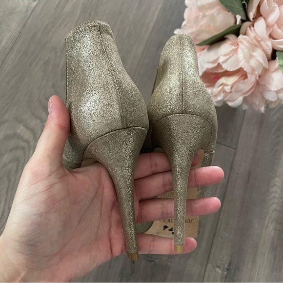 Jimmy Choo Brenna Champagne Gold Metallic Peep Toe Ankle Booties - Picture 6 of 9